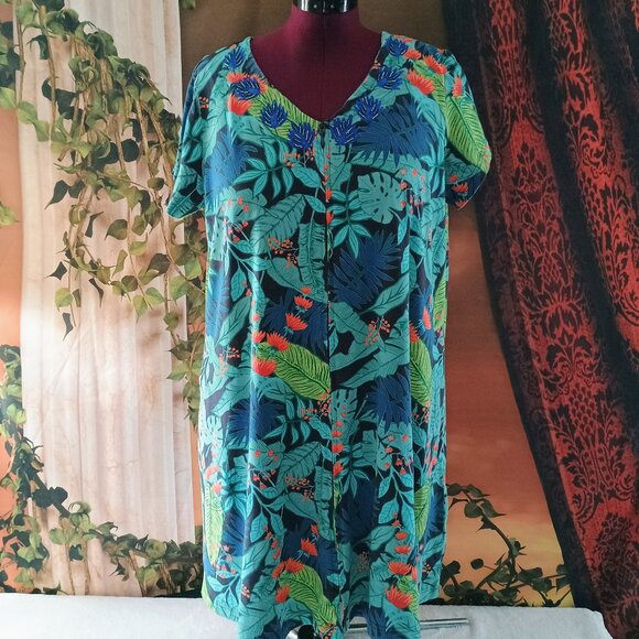 Go Softly Patio Other - EUC: Go Softly Patio Sz XL Green Tropical Floral Embroidered House Dress Pockets